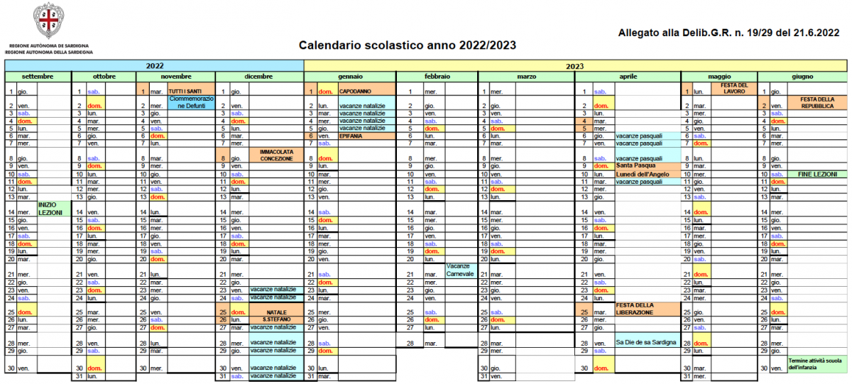 calendario scolastico regionale Sardegna 2022/23